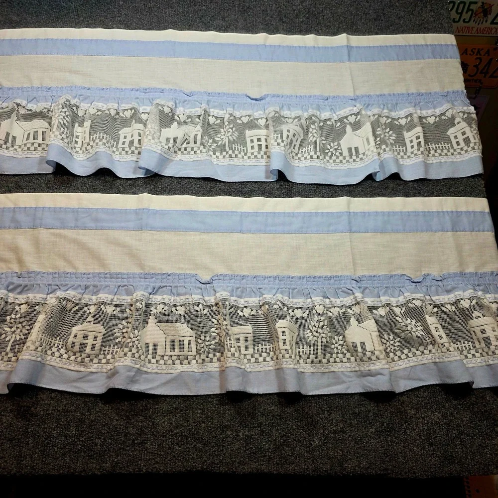 Vintage Blue White Village Scene Lace Ruffle Tier Curtains Set of 2 Valance USA